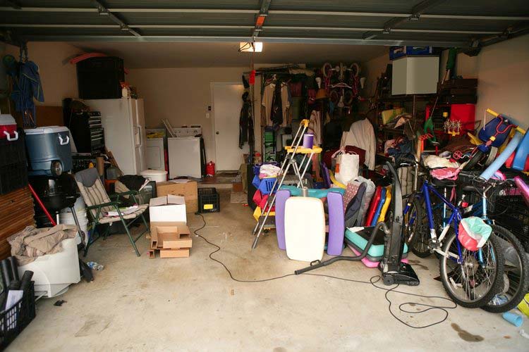 Junk piled in a garage